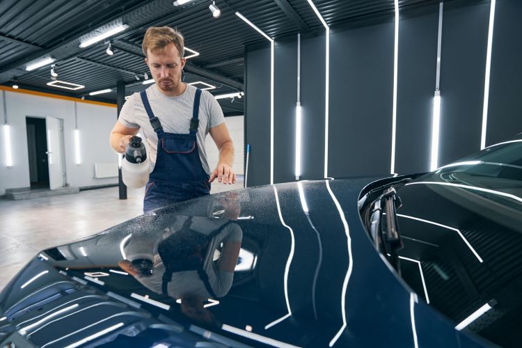 Installer preparing car's surface for Helmet PPF